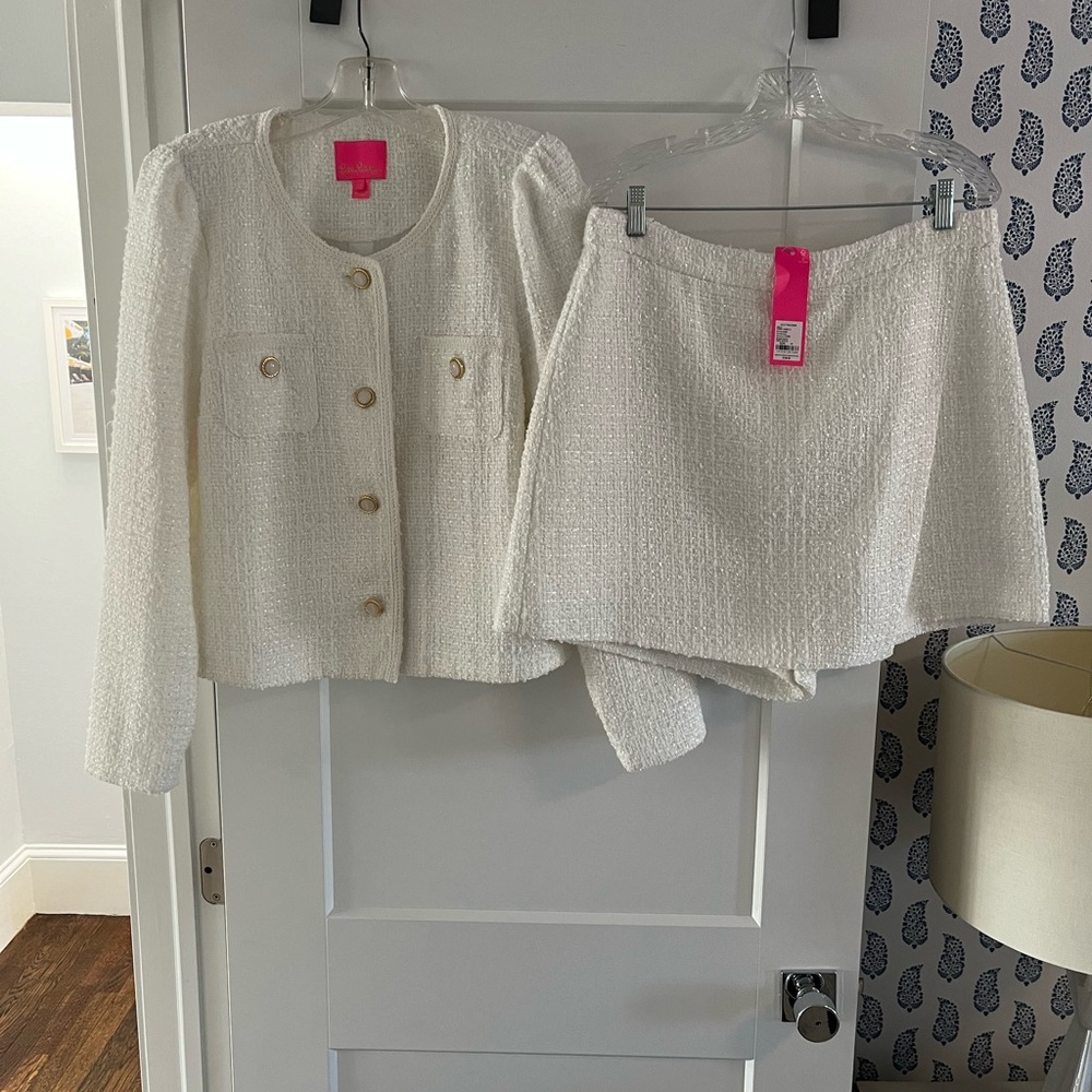 Lilly Pulitzer Suit: Briar Boucle jacket (size 14) and Boucle skort (size 14).